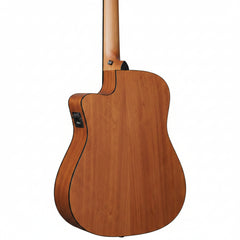 Close-up of a wooden acoustic guitar body 