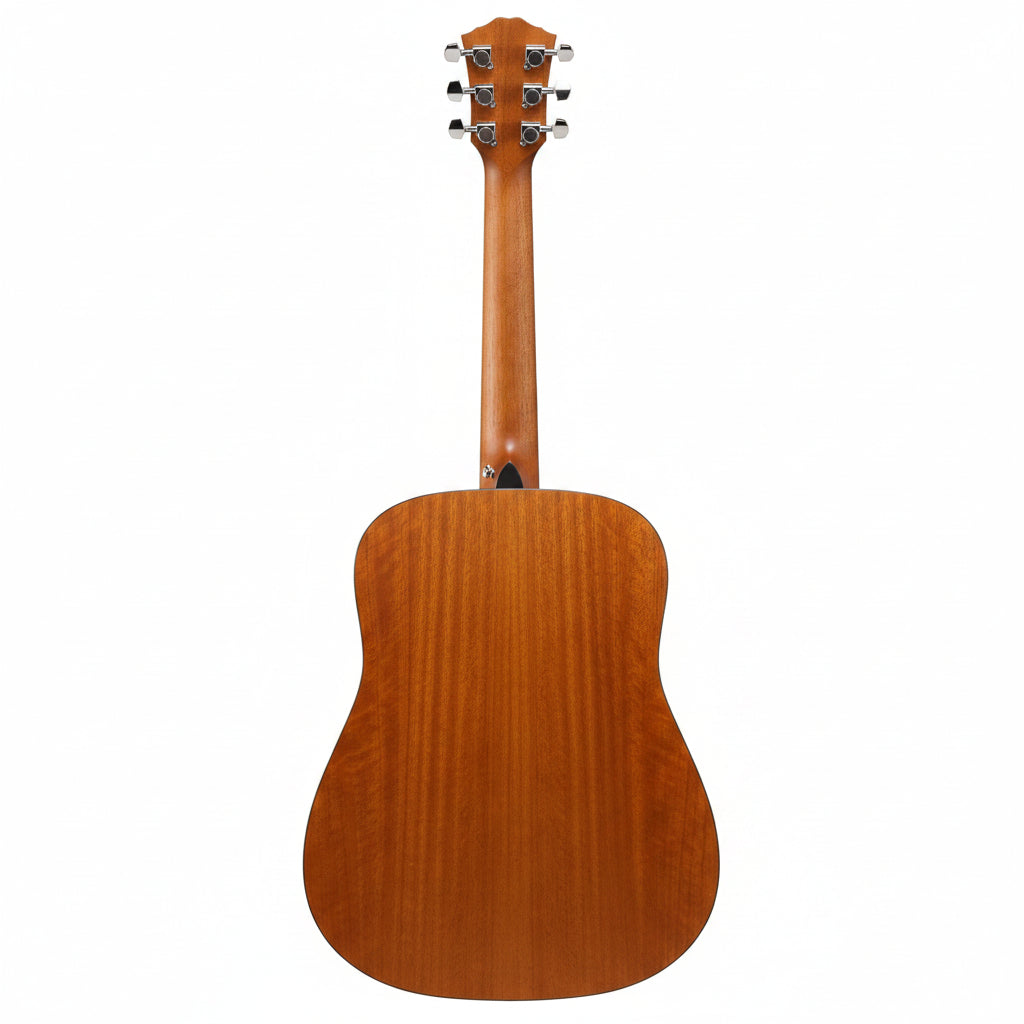 Back view of a wooden acoustic guitar 