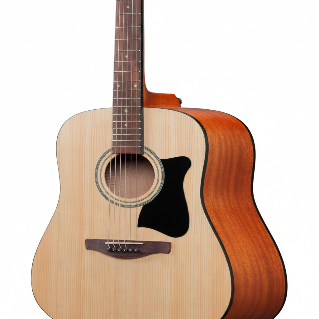 Acoustic guitar with a wooden body and brown neck 