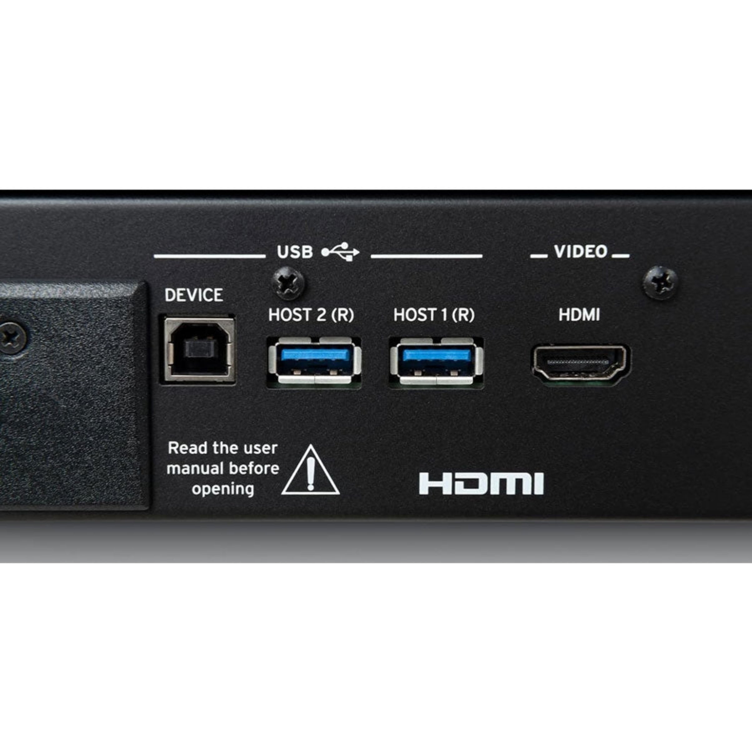 Back view of a black electronic device with USB and HDMI ports 