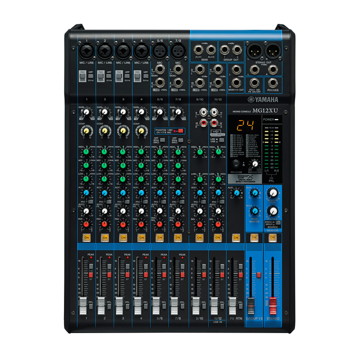 Yamaha MG12XU 12-channel analog mixer front view with USB audio interface