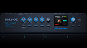 NUX guitar effects pedal with display and buttons on a black background