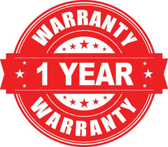Red and white '1 Year Warranty' stamp on a white background