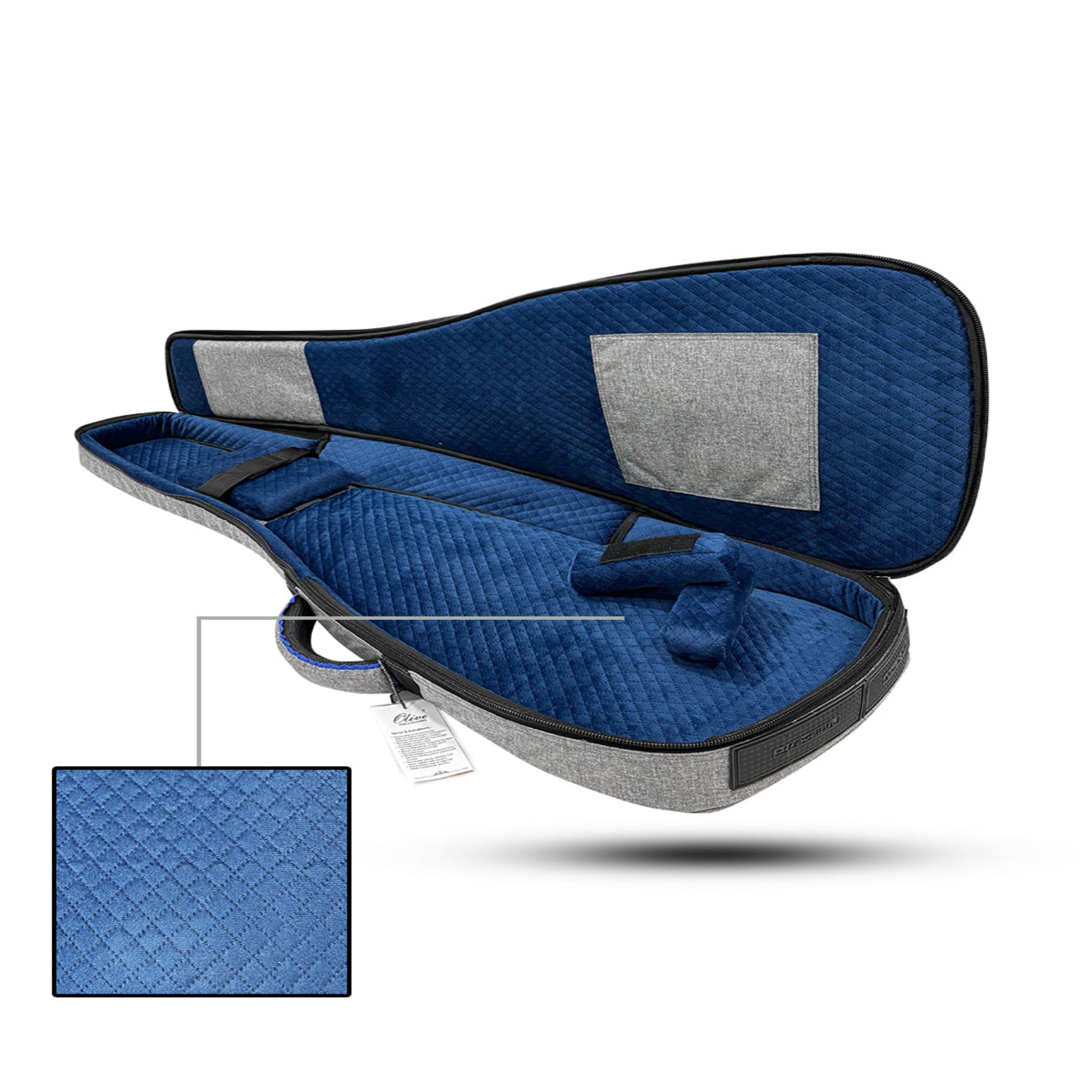 Blue and gray guitar case with quilted texture 