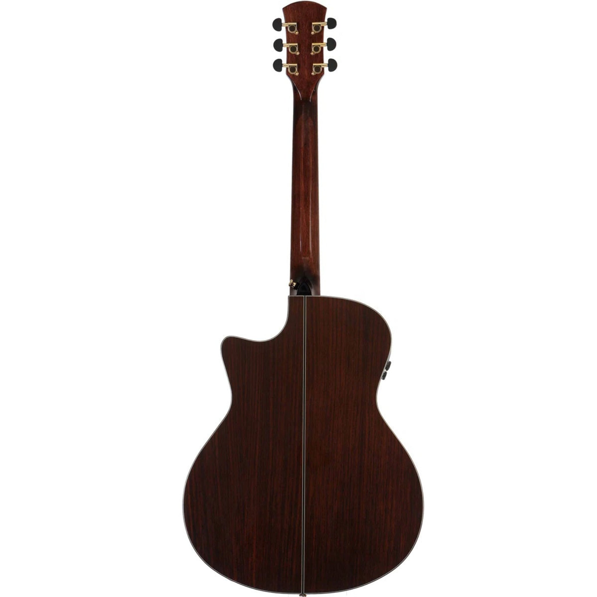 Back view of a wooden acoustic guitar 