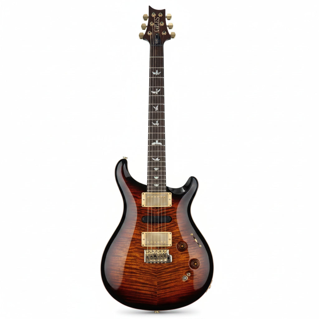 Electric guitar with a sunburst finish on a white background