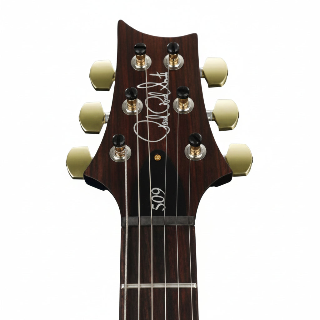 Close-up of a guitar headstock with tuning pegs on a white background