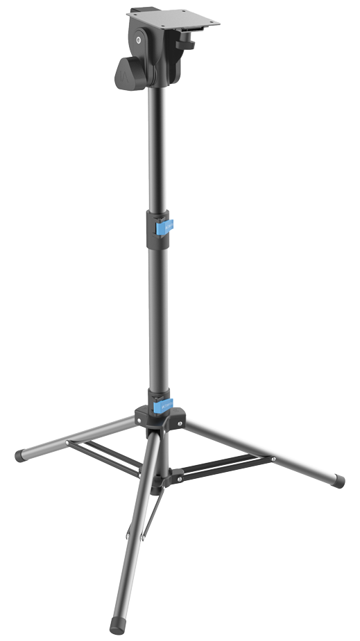 Black adjustable tripod stand on a white background