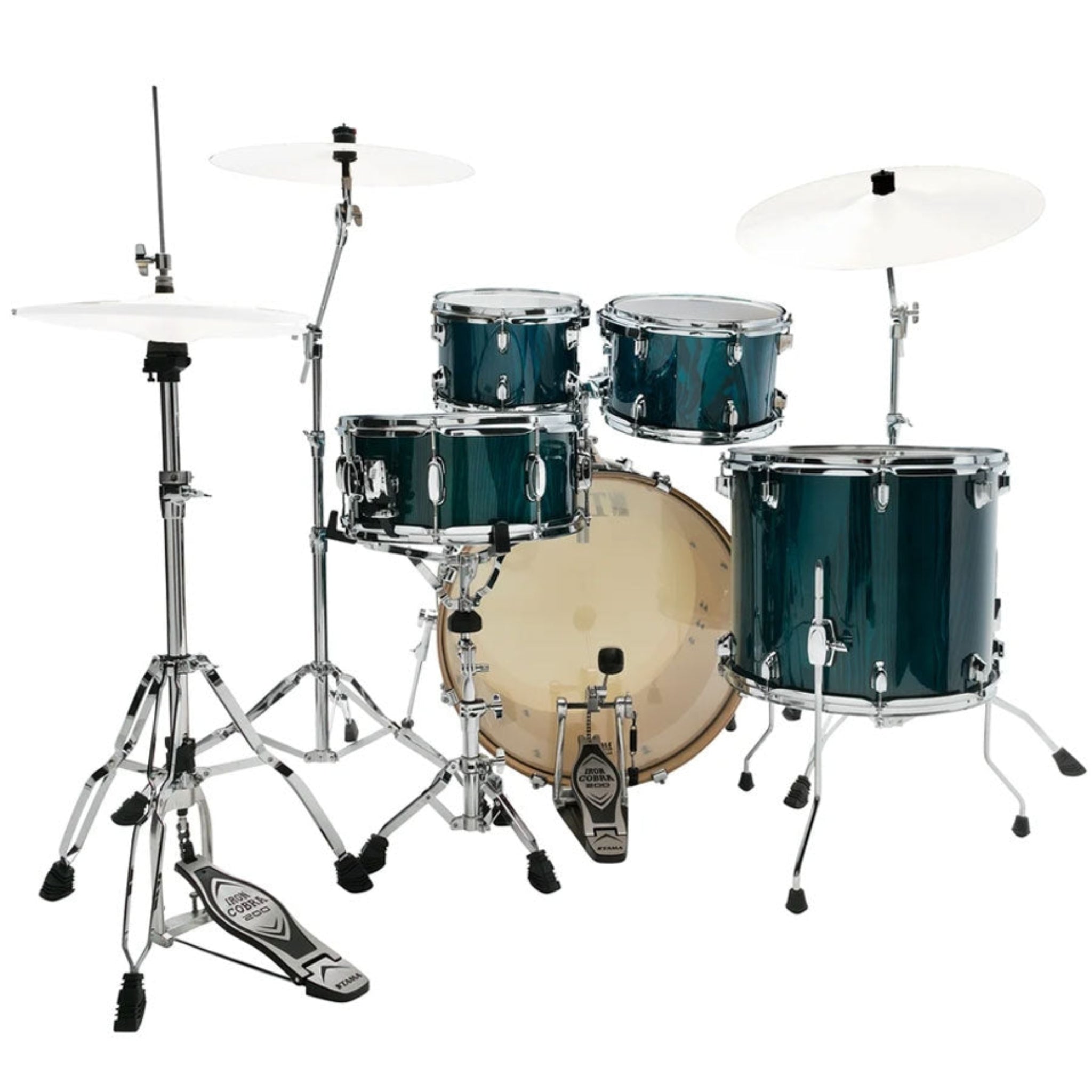 Drum set with teal drums and chrome hardware on a white background