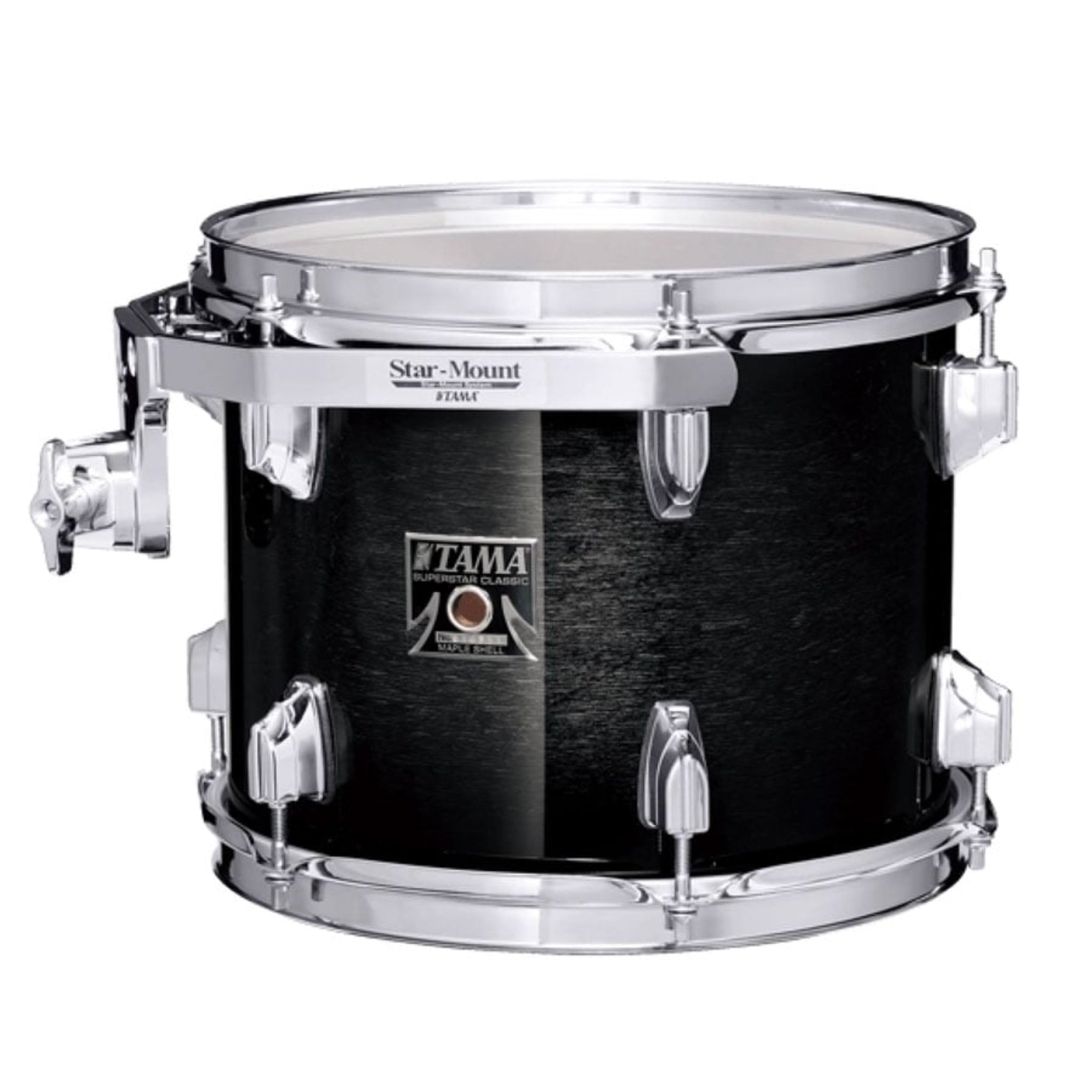 Black drum with chrome hardware on a white background