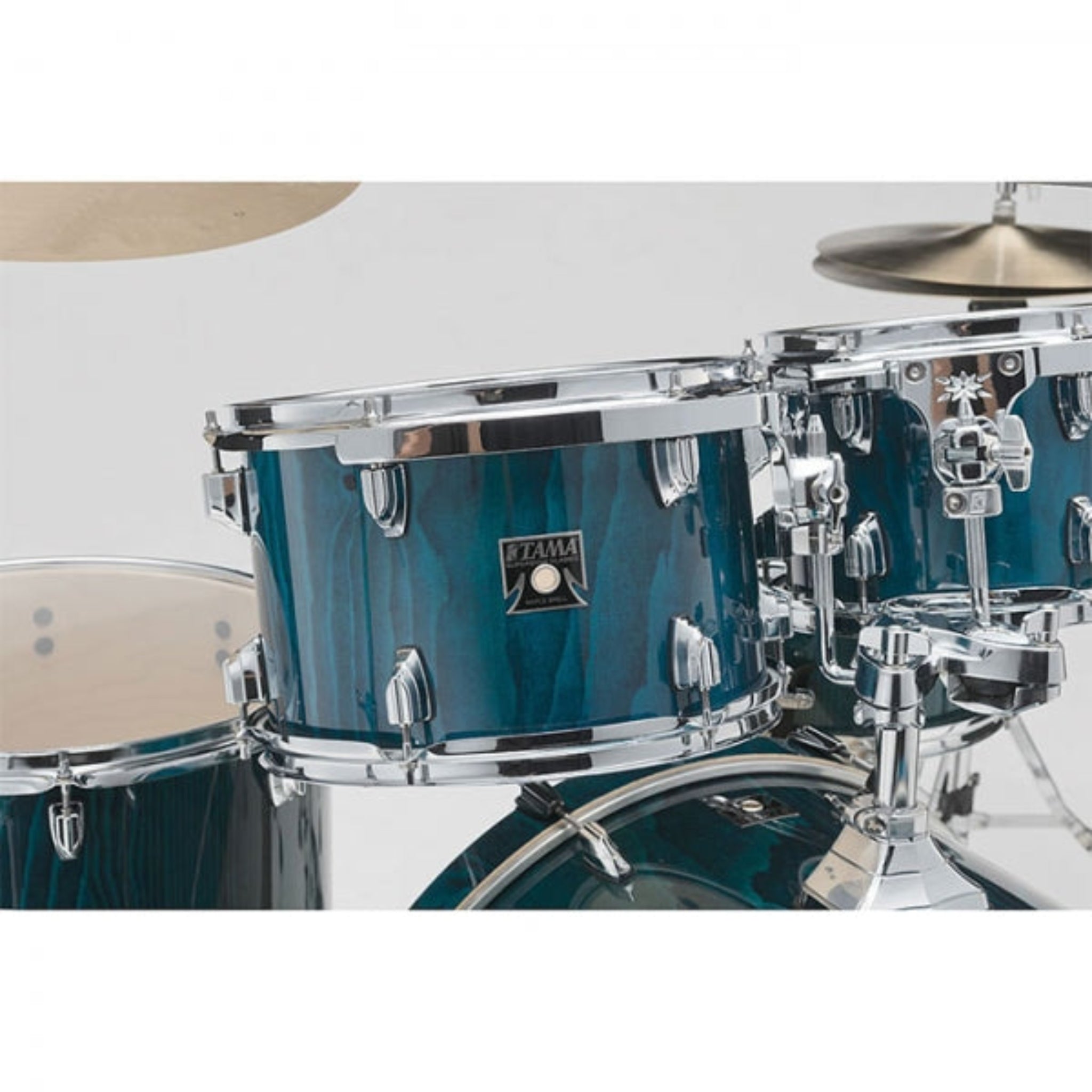 Drum set with blue drums and chrome hardware 