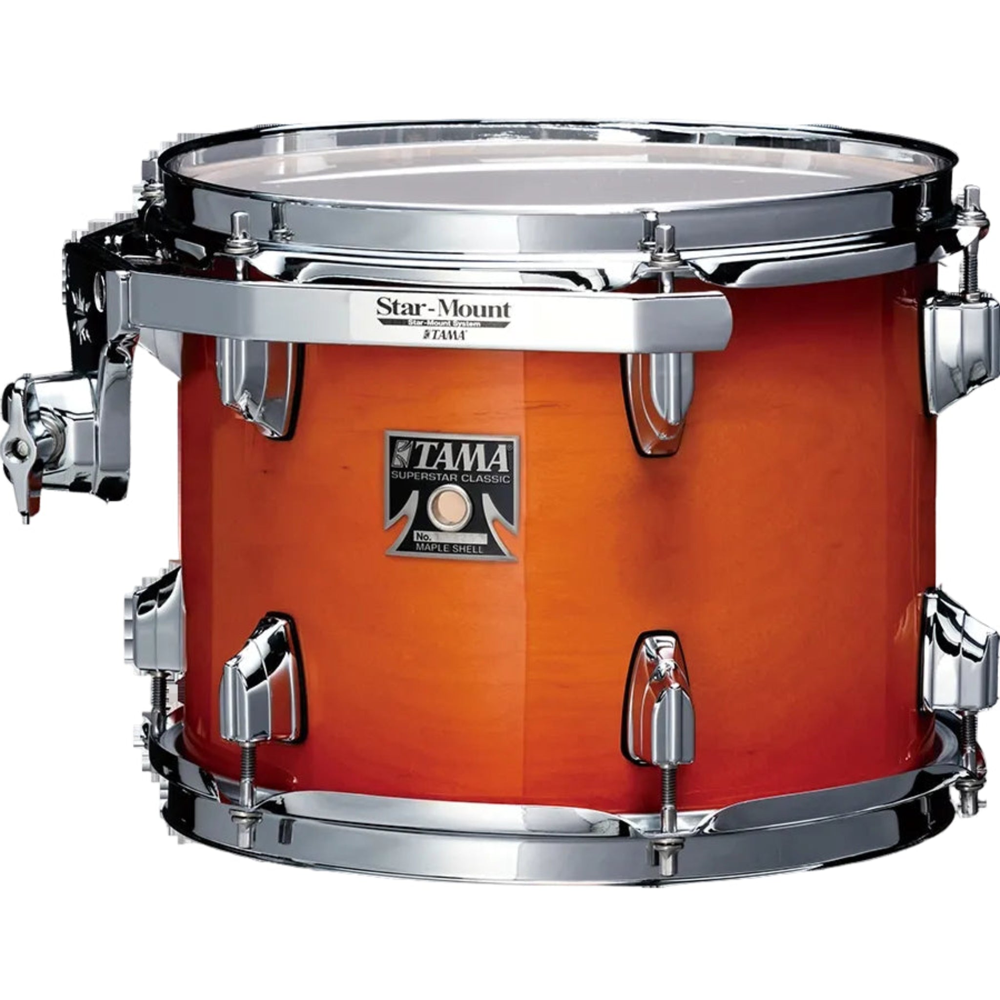 Tama drum with orange finish and chrome hardware