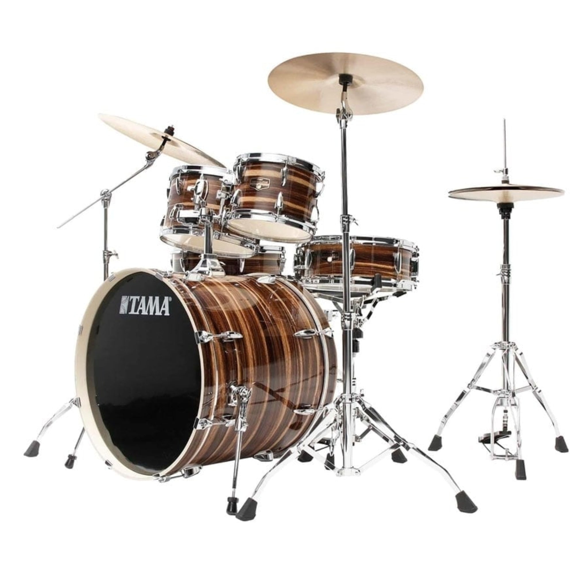 Tama drum set with cymbals on a white background