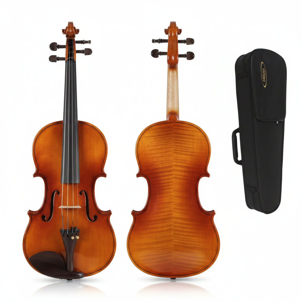 Violin with bow and case on a white background