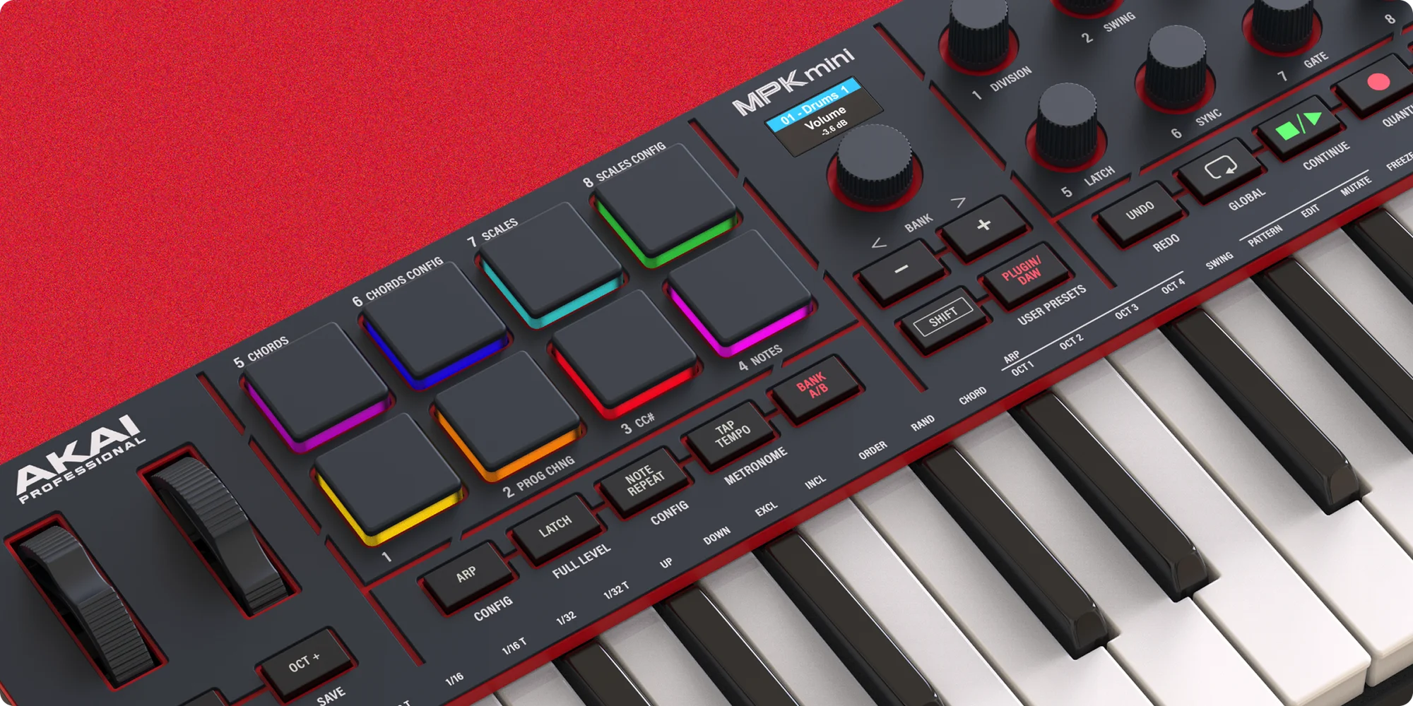 Akai MPK Mini keyboard controller on a red background