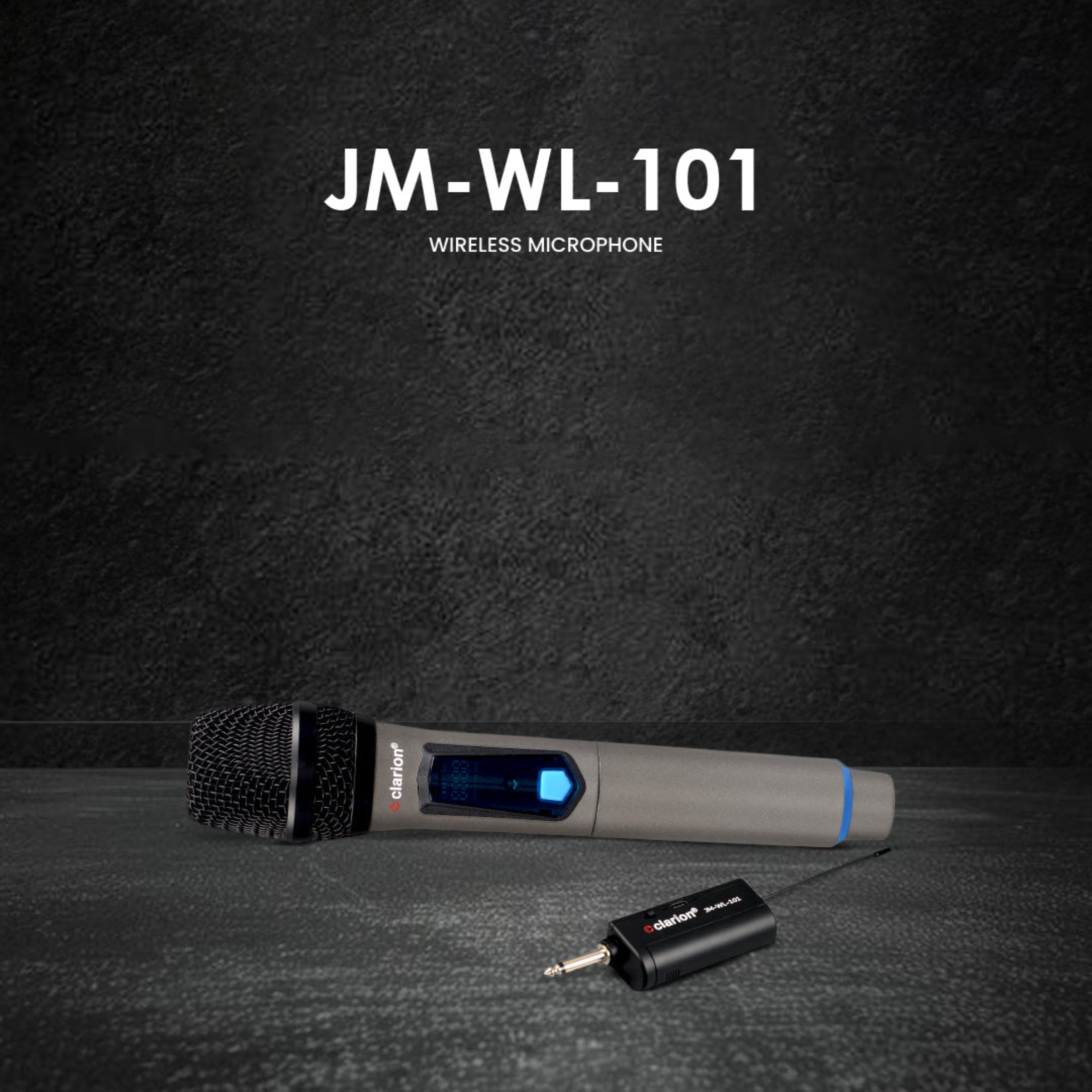 Wireless microphone with receiver on a dark textured background, featuring the model number JM-WL-101.