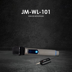 Wireless microphone with receiver on a dark textured background, featuring the model number JM-WL-101.