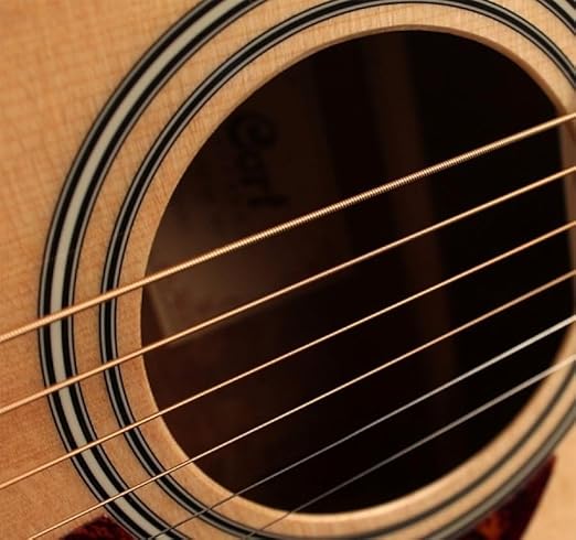 Close-up of an acoustic guitar's soundhole and strings