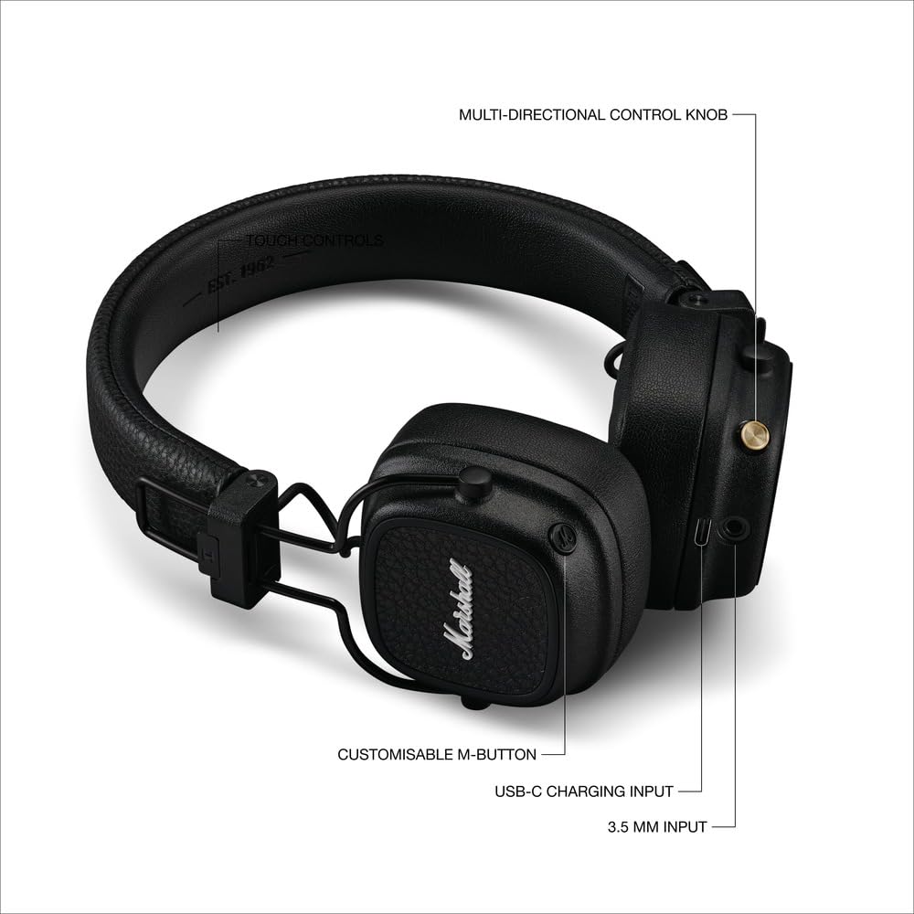 Marshall Major V Wireless On Ear Headphones, Black - Taal Musicals