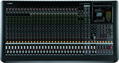 Yamaha audio mixing console with various controls and display on a black background