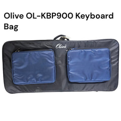 Olive OL-KBP900 keyboard bag in olive green with two blue zippered pockets, shown on a white background with text overlay.