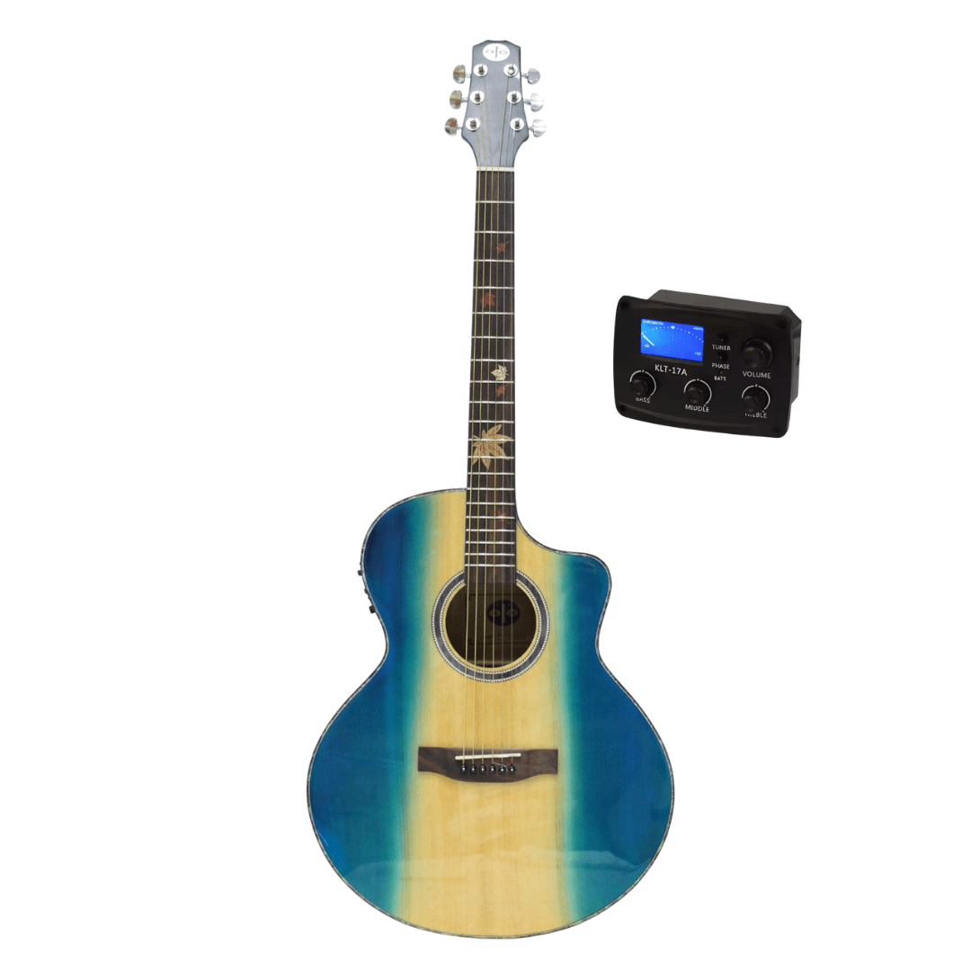 Acoustic guitar with a blue and yellow gradient finish and a pickup device 