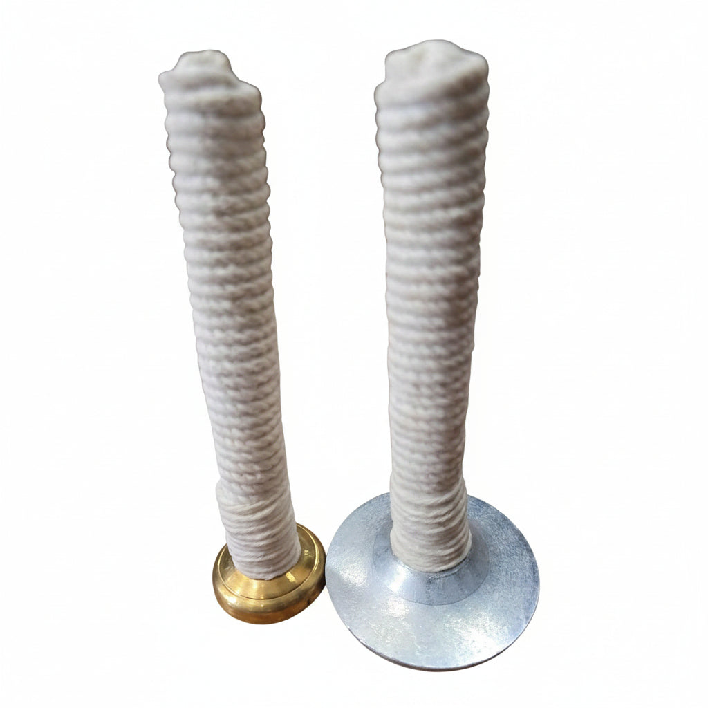 Two threaded electrical or plumbing pipe fittings with white insulated or coated threads, one with a brass base and one with a galvanized silver base, shown on a plain white background.