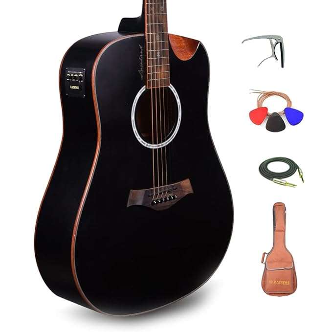 Kadence Slowhand Premium Jumbo Semi Acoustic Guitar with Heavy Padded Bag guitar cable Pro Capo Black Spruce Wood Taal Musicals Taal Musicals